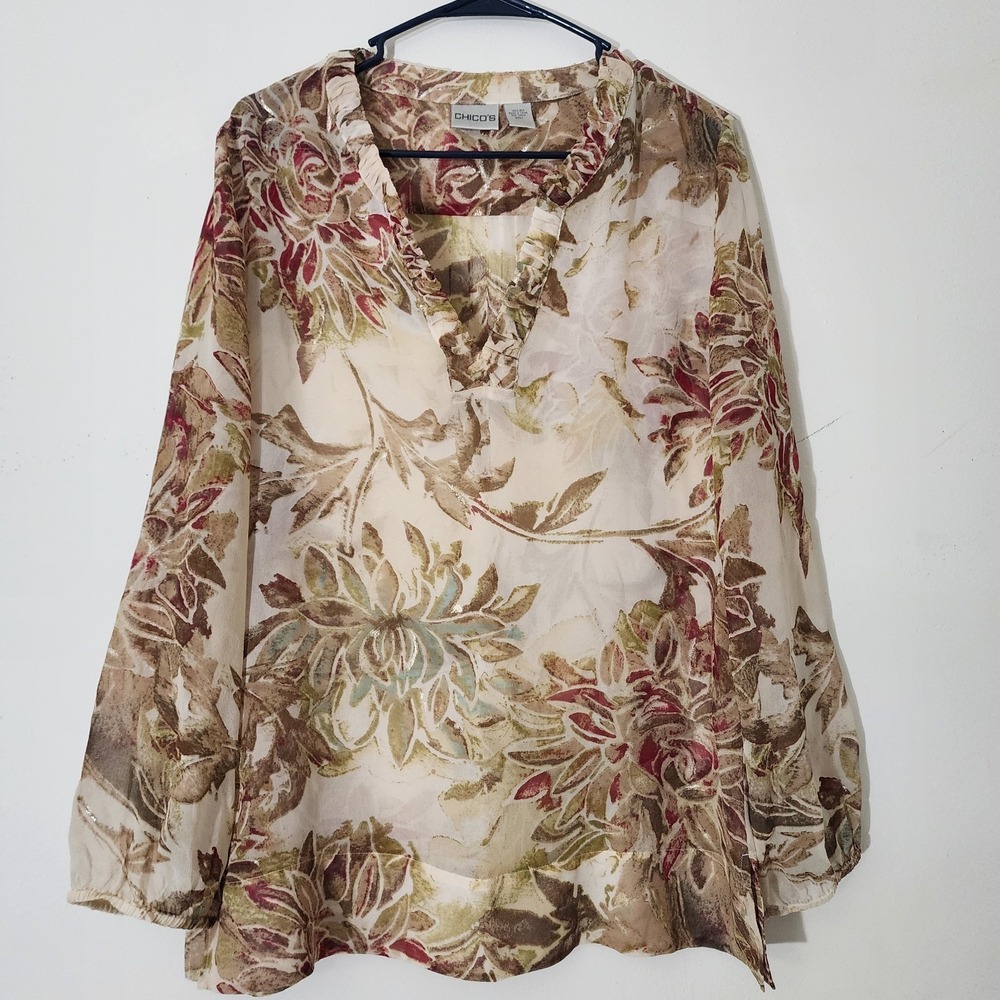 Vintage Chico's  100% Silk Floral Tunic Blouse Sz 1 Sheer  Gold Brown Romantic